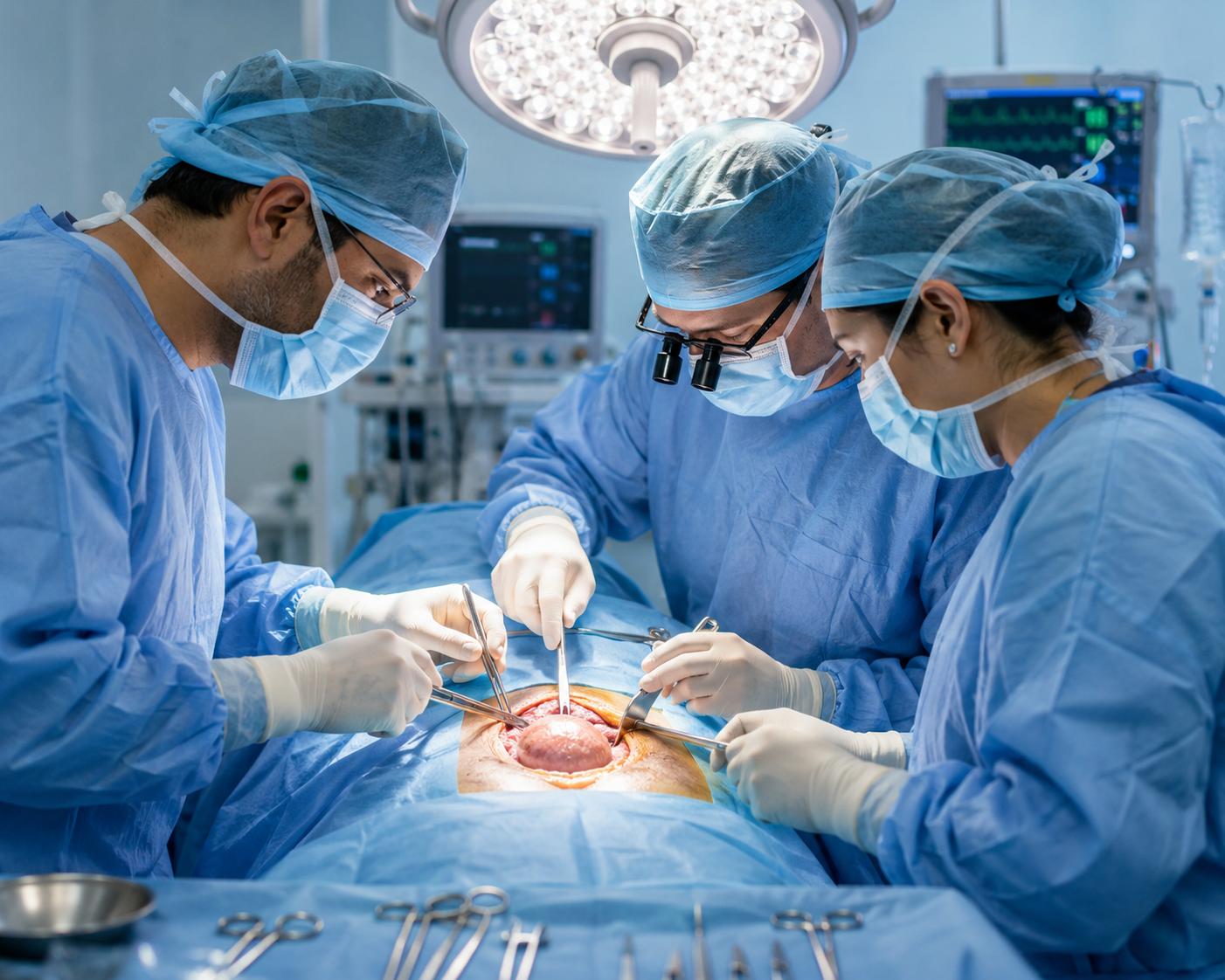 create a creative and nice image of doctors performing surgery of epigastric hernia 
light and neat image clean image
do not write anything
image size 1402 by 1122 pixels
